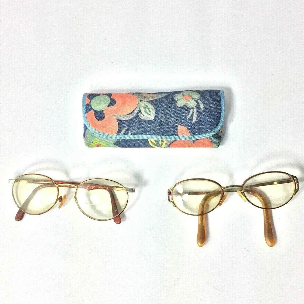 2 Vintage Metal Rim‎ Womens Eyeglasses and 1 Floral Case Costume Cosplay
